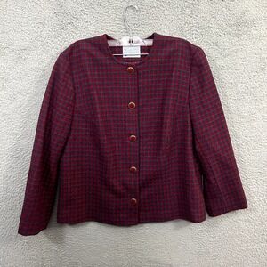 Vintage Pendleton Jacket Womens 14W Red Blue Houndstooth Virgin Wool Made In USA